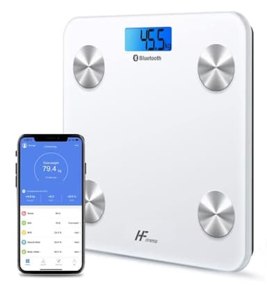 HF Bilancia Pesapersone, Professionale Impedenziometrica Bluetooth Digitale con App Misura Peso Corporeo, Massa Grassa, BMI, Massa Muscolare, Massa Ossea, Proteine (Bianco con retroilluminazione blu)