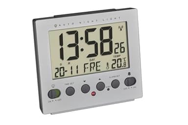 TFA Dostmann Sveglia radiocontrollata digitale, 60.2561.55, illuminazione notturna automatica, da comodino, temperatura, data e girono della settimana, grigia