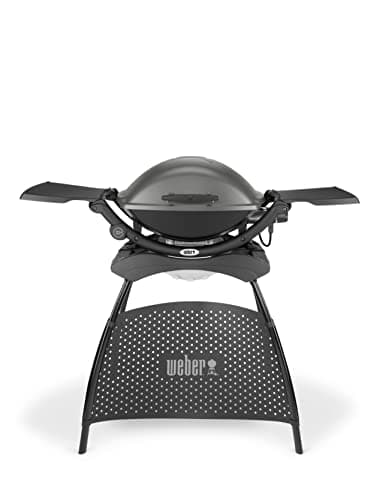 Weber Q2400 BBQ Elettrico con Supporto + ripiani laterali, sup. cottura 54 x 39 cm, sup. cottura in ghisa smaltata divisa in 2, coperchio e corpo in alluminio pressofuso - Grigio scuro (55020853)