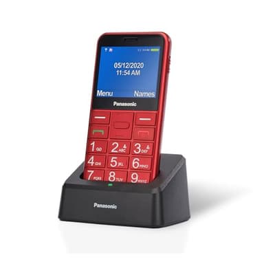 Panasonic KX-TU155EXRN Cellulare per Anziani, Pulsante SOS, Pulsanti Grandi, Compatibile Apparecchi Acustici, Bluetooth, Radio FM, Fotocamera, Base di Ricarica, Rosso