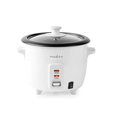 Nedis Cuociriso Elettrico Nedis, Bollitore per Riso con Inserto per Vaporiera e Coperchio in Vetro, Preparazione Delicata di Riso e Verdure, Capienza 0,6 L, Bianco