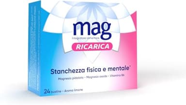 Mag Ricarica, Integratore Alimentare A base di Magnesio Pidolato, Magnesio Ossido e Vitamina B6 Contro la Stanchezza Mentale e Fisica, Senza Glutine e Senza Lattosio, 24 Bustine Aroma Limone