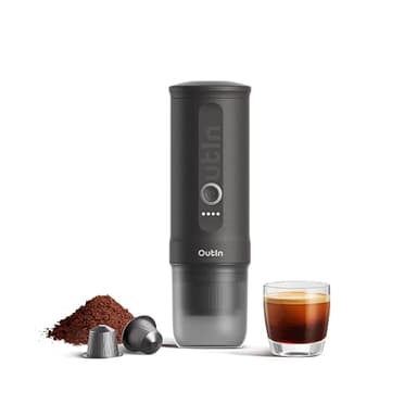 OutIn Nano Macchina da caffè espresso elettrica portatile, caffettiera da viaggio per il campeggio, caffettiera da auto auto-riscaldamento con USB-C, con caffè macinato e capsula NS
