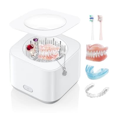 Pulitore Ultrasuoni per Bite, 43000Hz Pulitore ad Ultrasuoni per Protesi, Allineatori, Fermi, Vassoi Sbiancanti, Monete, Testine di Spazzolini da Denti, Pulizia Ultrasuoni Efficiente a 360° 200ml