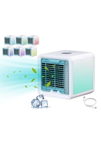Beper P206RAF200 Mini Raffrescatore Da Tavolo, Umidificatore, Climatizzatore Personale Portatile, Cavo USB, 3 Velocità, 7 Luci Led Cromoterapia, Mini Air Cooler