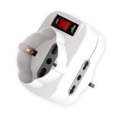 Adattatore rotante: 1 spina 10A vs 2 prese 10/16A + 1 presa schuko. Con interruttore di protezione contro sovvracarichi
