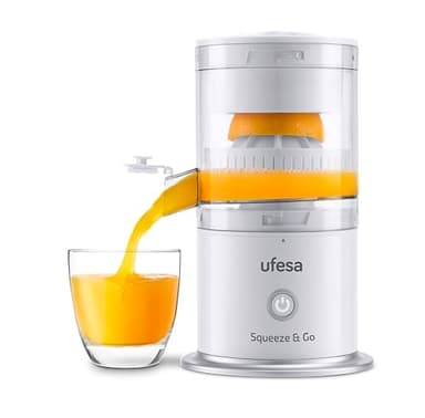 Ufesa Squeeze & Go White, Spremi Agrumi Elettronico, Estrattore Frutta e Verdura, USB Ricaricabile, Batteria Ricaricabile 1500mAh, Capacità 220 ml, BPA FREE
