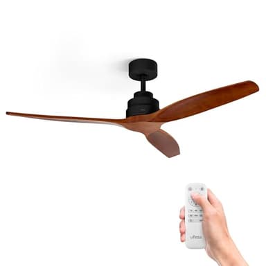Ufesa Ventilatore da soffitto CFTB, 40W, 6 Velocità, Ultra Silenzioso, 3 Pale in Legno Naturale 132cm, Funzione Estate - Inverno, Timer 8h, Telecomando, Nero - Legno Scuro