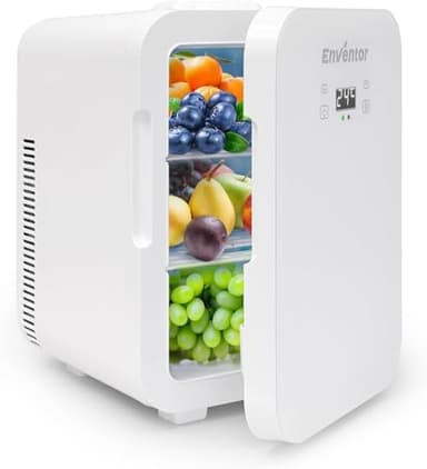 Enventor Mini Frigo 10L (Bianco), Raffreddamento e Riscaldamento, Frigorifero Portatile a 10 Lattine per Camere da Letto, 12V Accendino/220V Presa, per Auto, Cosmetici, Bevande, Frutta, Cibo