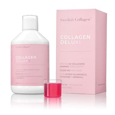 Swedish Collagen - Collagen Deluxe 500 ml Peptidi di Collagene Marino Idrolizzato | 12.500 mg Collagene | Con Acido Ialuronico, Vitamine e Minerali