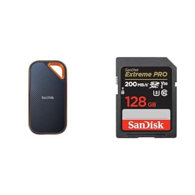 SanDisk 1TB Extreme PRO SSD portatile, Unità a stato solido NVMe esterna, fino a 2000 MB/s & 128GB Extreme PRO scheda SDXC + RescuePro Deluxe fino a 200 MB/s UHS-I Class 10 U3 V30
