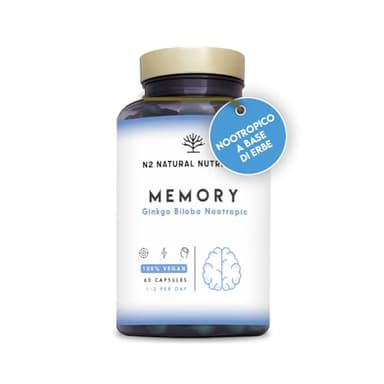 Nootropico Memoria Naturale. Caffeine, Bacopa, Ginkgo Biloba e Vitamine. Integratore Concentrazione.Migliora l'umore. Riduce Fatica e Stress, Vegano 60 capsule N2 Natural Nutrition