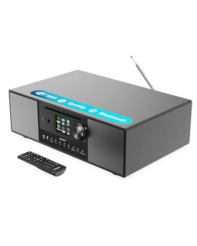 Internet Radio con Lettore CD Hi Fi e DAB+ | Impianto Stereo Casa Completo | 120W 2.1 Hi Fi Stereo Casa Bluetooth e Wifi | Spotify Connect e Podcasts | Display a Colori a LED | Majority Quadriga