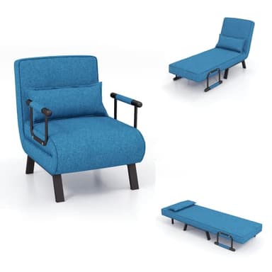 LIFEZEAL Poltrona Letto, Divano Letto, Divanetto Singolo, Schienale Regolabile, Imbottito in Spugna, Telaio in Acciaio, con Materasso, Cuscino, Braccioli, Relax, Soggiorno, Ufficio, Max150 kg, Blu