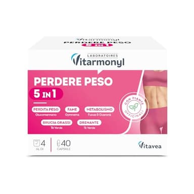 Perdere Peso 5 in 1 - Controllo della Linea - Brucia Grassi - Drenante Forte - Per il Metabolismo e Peso Forma - Con Glucomannano, Guaranà e Tè Verde - Confezione 40 Capsule - Vitarmonyl