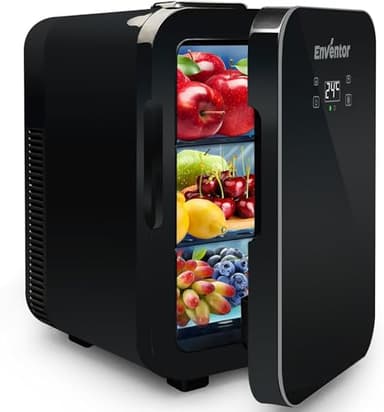 Enventor Mini Frigo 10L (Nero), Raffreddamento e Riscaldamento, Frigorifero Portatile a 10 Lattine per Camere da Letto, 12V Accendino/220V Presa, per Auto, Cosmetici, Bevande, Frutta, Cibo