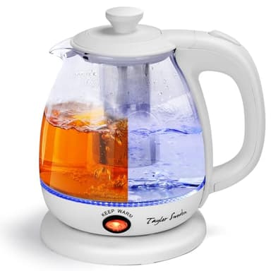 Taylor Swoden Bollitore in vetro da 1 litro, 2200 W, bollitore elettrico con illuminazione a LED, senza BPA, funzione di mantenimento in caldo, con infusore e filtro rimovibile, bianco