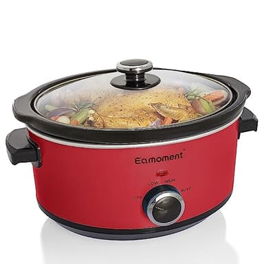 Eamoment ESC-35A-OSRD 3,5 l | 200 W Slow Cooker con 3 livelli di riscaldamento e indicatore di potenza, lavabile in lavastoviglie e con maniglie, coperchio in vetro facile da pulire, rosso