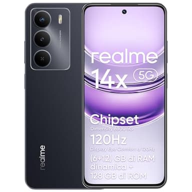 realme 14x 5G Smartphone (6+12)GB Dynamic RAM 128GB ROM, Display Eye Comfort 120Hz, Fotocamera da 50MP, Batteria da 5000mAh, Resistenza agli urti di livello militare,Octa-core, Nero (senza adattatore)