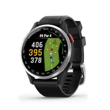 Garmin Approach® S44, Essential Golf GPS Smartwatch, display AMOLED, funzioni in corso, lunetta in alluminio argento con cinturino in silicone nero