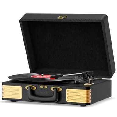 Giradischi Vinili, FYDEE Giradischi Portatile Vintage in Pelle, Giradischi Bluetooth con 3 Velocità 33/45/78 Giri, 2 Altoparlanti Incorporati, Lettore Vinile con Supporto per Cuffie, RCA, Nero
