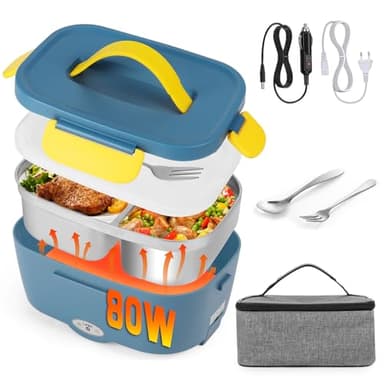 80W Scaldavivande Elettrico Portatile Elettrico Portatile Lunch Box 12V 24V 220V 1,5L Contenitore Elettrico Portavivande con Acciaio Inox Forchetta e Cucchiaio Scaldapranzo Portatile per Auto Casa