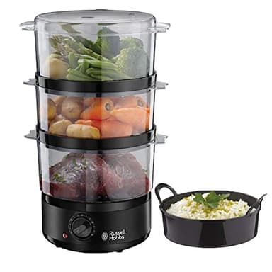 Russell Hobbs Vaporiera 7 l - Piccola - Timer da 60 minuti e spegnimento automatico; 3 contenitori per cottura a vapore lavabili in lavastoviglie e Ciotola per riso; No BPA, Compact 26530-56