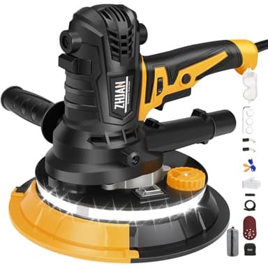 ZHJAN Levigatrice Per Muro 900W,Levigatrice a Secco1400-2700RPM,trasmissione a 5 velocità,Luce LED, Aspirazione Polvere Automatica,Tubo Flessibile e 12 Dischi di Levigatura,Smerigliatrice da parete