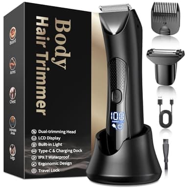 KUAIVO Rasoio Elettrico Corpo Uomo, 2 in 1 Depilatore Corpo Uomo IPX7 Impermeabile con Luce LED/Stazione di Ricarica in Piedi, Rasoio Parti Intime Uomo Wet Dry Rifinitore per Zona Intima, Barba, Petto