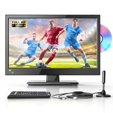 Desobry TV Portatile LED da 16 pollici 1080p con lettore DVD incorporato, supporto antenna HDMI USB tv piccola per camera da letto/cucina, TV 12v per camper/caravan/motorhome/camper van