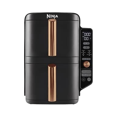 Ninja Double Stack XL Friggitrice ad Aria Verticale, Doppia Zona, 4 Livelli, 2 Scomparti, 2 Griglie, Capienza 9.5L, 6 Funzioni, 8 Porzioni, Parti Lavabili in Lavastoviglie, Pinze, Nero/Rame, SL400EUCP