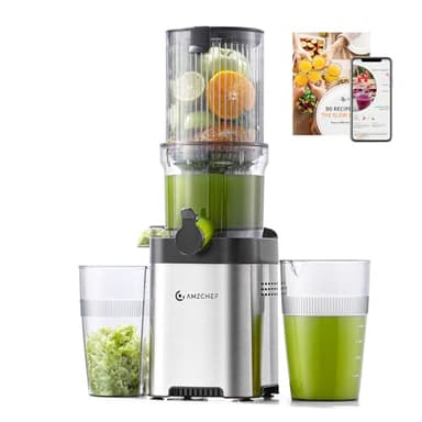 AMZCHEF 113MM Estrattore frutta e verdura - 2L estrattore a freddo Facile da Pulire - Senza Preparazione Estrattore di Frutta e Verdura Intera - Argento[Classe di efficienza energetica A+++]