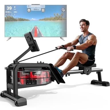 MettleMatic Vogatore acqua per la casa: vogatori Bluetooth con supporto per tablet – Macchina per remi 160 kg portata e dimensioni utente max fino a 210 cm (nero)