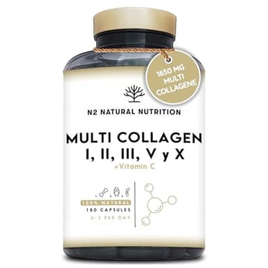 Multi Collagene Marino e Bovino 1650mg. Peptidi di Collagene Idrolizzato Tipo 1, 2, 3, 5, 10. 180 Capsule. Collagene Integratore Pelle, Ossa e Articolazioni + Vitamina C. N2 Natural Nutrition