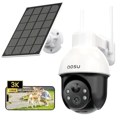 AOSU 3K Telecamera WiFi Esterno Senza Fili, Panorama a 360°, 5MP Telecamera a Batteria di Sicurezza con Pannello Solare, Rilevamento PIR di Persone e Veicoli, Visione Notturna Colori, 2 Vie Audio