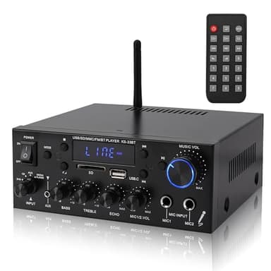 NamYoprce Amplificatore 500W+500W HiFi Audio Stereo BT Radio Portatile per Auto o Casa, con Telecomando ed Mini Display 2CH LCD, 12 V / 220 V