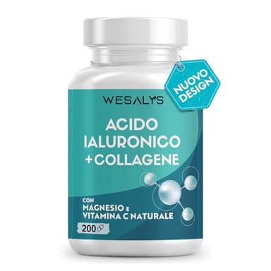 Collagene Idrolizzato 2000mg + Acido Ialuronico 500mg - 200 Capsule, Integratore Collagene e Acido ialuronico con Vitamina C naturale, Coenzima Q10 e Zinco per Pelle, Ossa, Articolazioni e Capelli