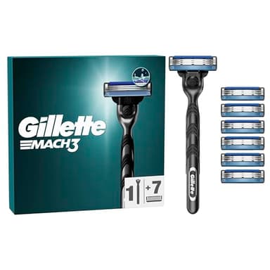 Gillette Mach3 RASOIO BARBA, Lame Rasoio a Mano Libera, 1 Manico e 7 LAMETTE DA BARBA da 3 Lame, Facile Risciacquo, con Gel Lubrificante, Fino a 15 Rasature con 1 Testina