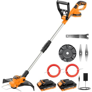JYGMPRO Decespugliatore a Batteria 21V, Tagliabordi a Batteria Brushless con 2 Batterie 2,0Ah, 2 Lame, 2 Bobina(5m), Impugnatura Regolabile, Tubo Telescopico,Testa Girevole 90°per Giardino Potatura