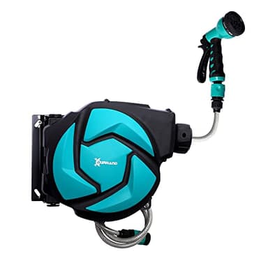 DURHAND Avvolgitubo Automatico Orientabile a Parete con Tubo da 10 m e 7 Ugelli, Avvolgitubo in Plastica e PP, 28x14x34 cm, Nero e Azzurro