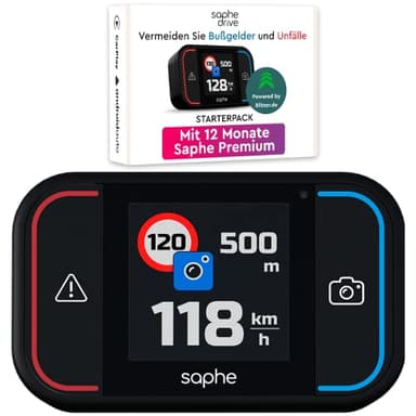 Saphe Drive Pro Dispositivo per le allerte autovelox e accessori auto con display a colori, 12 mesi di abbonamento inclusi, segnalatore in tutta EU, si avvia automaticamente alla partenza