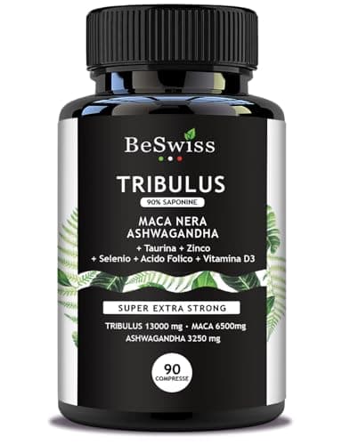 Tribulus + Maca + Ashwagandha 22000mg | Altissimo Dosaggio + Taurina, Zinco, Selenio, Acido Folico e Vitamina D3 | Massa Muscolare | Energizzante | BeSwiss