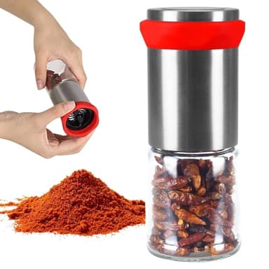 KLOP256 Macinino peperoncino in acciaio inox e vetro, 100 ml, altezza 17,5 cm, peperoncino, macinino per spezie