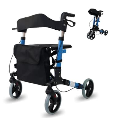 Mobiclinic® deambulatore per anziani pieghevole, Con seduta e 4 ruote, Deluxe, Rollator adulti o disabili, Alluminio, Leggero, Colore celeste, Marchio europeo, Trajano