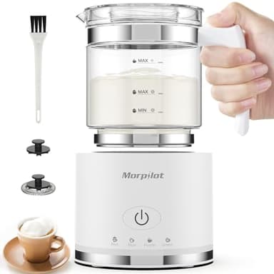 Milk Frother, Morpilot Montalatte Elettrico in Vetro, 4 in 1 Funzione, Spegnimento Automatico, Capacità 250ml Shiuma o 500 ml Latte Caldo, Design Diviso, Bianco