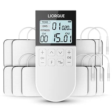 LIORQUE Elettrostimolatore Muscolare TENS/EMS/FITNESS 3 in 1, 50 Modalità, 10 Pezzi di Elettrodi TENS, 16 Livelli di Intensità per Alleviare il Dolore Bianco