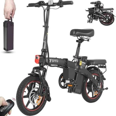 DYU Bici Elettrica Pieghevole, 14" Tire Bicicletta Elettrica da 48V 7,5AH Batteria Rimovibile, Ebike con Altezza Regolabile, Display LCD, Telecomando, Freni a Disco Doppio, Città Pendolare Ebike, Nero