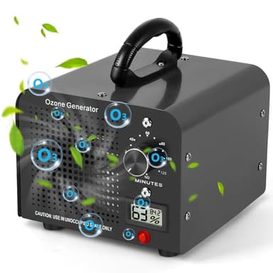 Generatore di Ozono 60000mg/h, Purificatore d'Aria Ozono con 120 Min Timer, Temperatura, Display di Umidità, Ozonizzatore per Auto, Casa, Ambiente, Fumo, Odori di Animali Domestici e Cucina