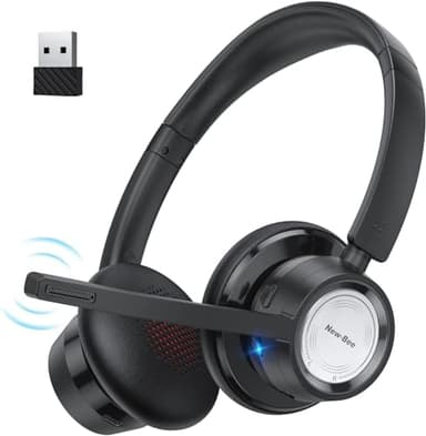 New bee Cuffie con Microfono per PC,Cuffie Bluetooth con Microfono Senza Fili e USB dongle 20 ore di tempo di conversazione e pulsante Mute per lavoro/PC/ufficio/Zoom/Skype(Nero)