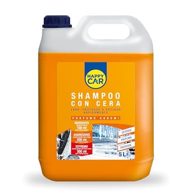 Happy Car - Shampoo e Cera Auto, Lucidante, Protettivo e Autoasciugante, Contro Macchie e Sporco Ostinato, Concentrato, Asciugatura Rapida, Profumo Agrumi, 5L